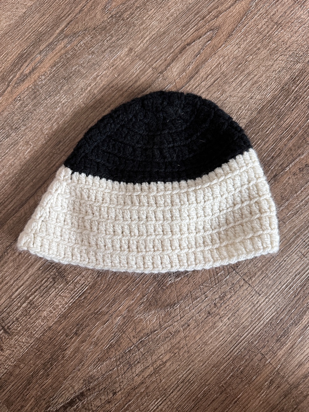 Two-Tone Black & Cream Crochet Beanie with Floral Accent - Picture 2 of 2